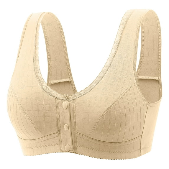 Bigersell Supportive Sports Bras for Women Front Snap Closure V-Neck Wire-Free Bra Support Bra No Underwire Push-Up Bra Style R-233 Basic Bra Strap Nylon Back-Smoothing Everyday Bras Underwear Beige S