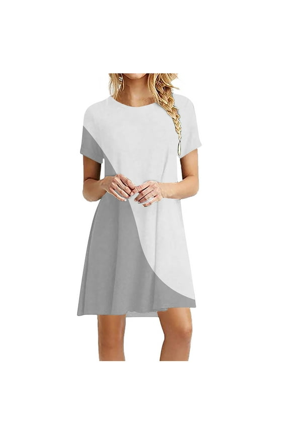T Shirt Dress Women Summer Casual Loose Short Sleeve Round Neck Mini Dress Color Block Printed Swing T-Shirt Tunic Dresses A-Line Beach Sundresses, Gray L