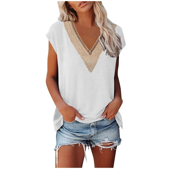 Bigersell T Shirts for Women Fashion Women's Summer V-Neck Lace Patchwork Short Sleeve Tops Blouse Regular Tunic Round Neck Short Sleeve Tops Style B25375, White L