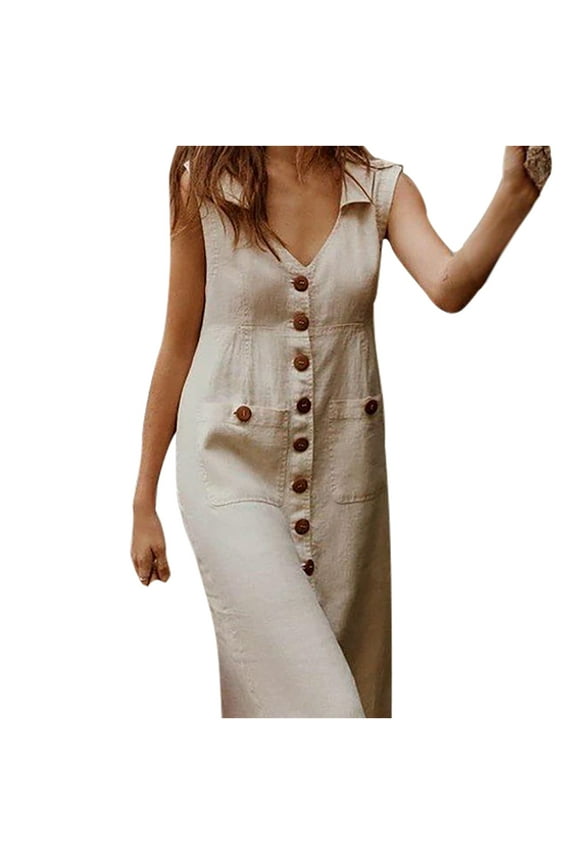 Tank Dress Knee Length Women Summer Casual Pocket Buttons Solid Off Shoulder Sleeveless Dress Women's Plus Shirt Dress Style 9294, Female Above Knee Dresses Khaki S