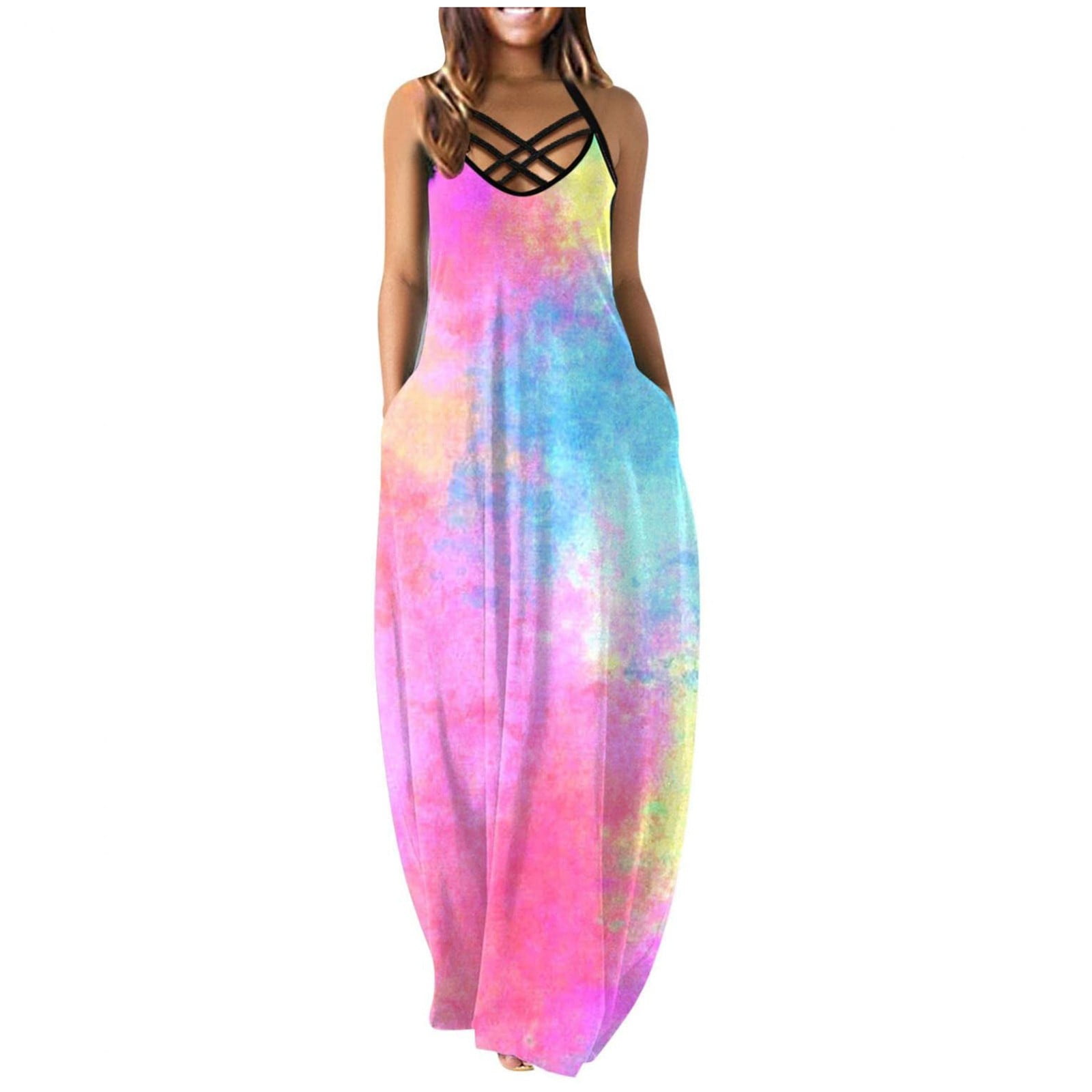 Bigersell Tank Dress for Women Midi Length Women's Summer Fashion Round  Neck Printed Sleeveless Halter Pullover Dress Women Bodycon Dress Style  3347, Female Extra long Dresses Multicolor XL 