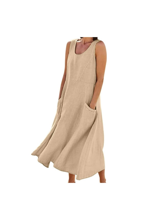 Tank Dress Women's Summer Fashion Casual Solid Color Sleeveless Cotton Linen Long Dress Plus Midi Dress Style 28785, Female Ankle-Length Dresses Khaki XXL