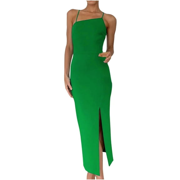 Bigersell Tank Maxi Dress for Women Fashion Women Summer Casual Backless Solid Color Sleeveless Backless Dress Regular Wrap Dress Style 25711, Female Asymmetrical Dresses Green M