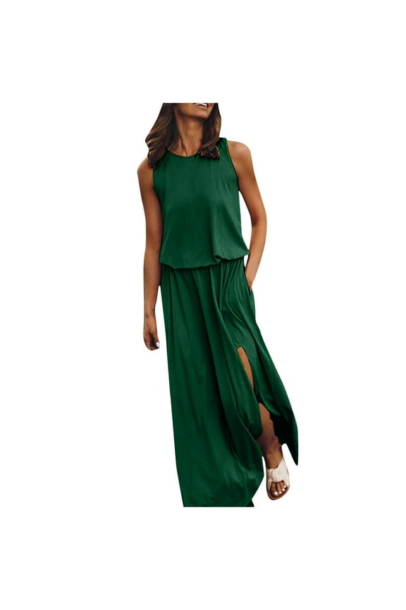 Tank Maxi Dress for Women Summer Casual Loose Sleeveless Round Neck Long Dresses Side Split Solid Color Evening Party T Shirts Dress Beach Sundresses, Army Green S