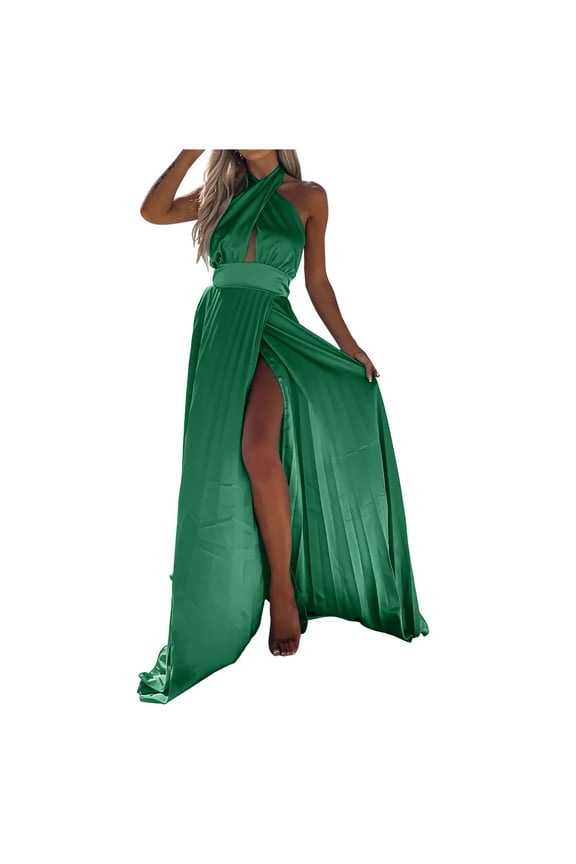 Tank Maxi Dress Women's Summer Solid Sleeveless Slitting Halter Neck Hem Long Dresses Plus Bodycon Dress Style 36501, Female Short Dresses Green S