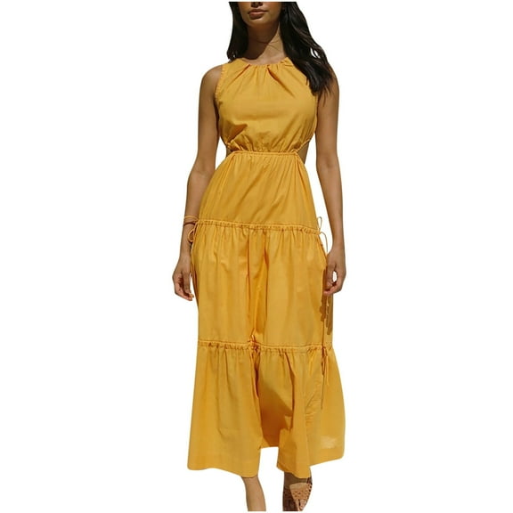 Bigersell Tank Midi Dresses Women's Fashion Bohemian Crew Neck Elastic Sleeveless Solid Ankle-Length Dress Tall Bodycon Dress Style 4384, Female Mini Short Dresses Yellow S