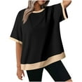 thumbnail image 1 of Bigersell Trendy Women Oversized T-Shirts , Ribbed Crew Neck Elbow-Length Summer Tops Color Block Splicing Casual Loose Blouses Tees Shirts Black L, 1 of 6