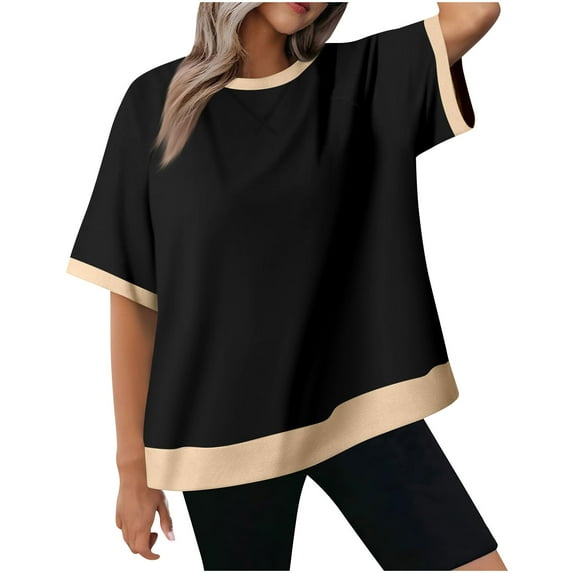 Bigersell Trendy Women Oversized T-Shirts , Ribbed Crew Neck Elbow-Length Summer Tops Color Block Splicing Casual Loose Blouses Tees Shirts Black L