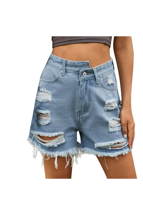 Trouser Jeans for Women Juniors Jeans Clearance Pull On Jeans Ladies Boyfriend Denim Pants Button Closure Distressed Jeans Female Straight High Waist Full Length Pants Style J-119 Blue L