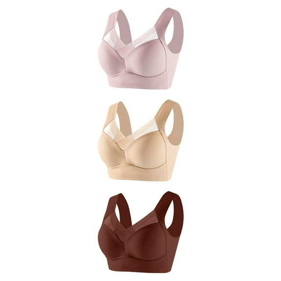 Bigersell True Bra Trendy 3pc Women Without Underwire Underwear Thin Lace Solid Color Push-Up Adjustment Bra Sport Bra Style F-488 Beige XL