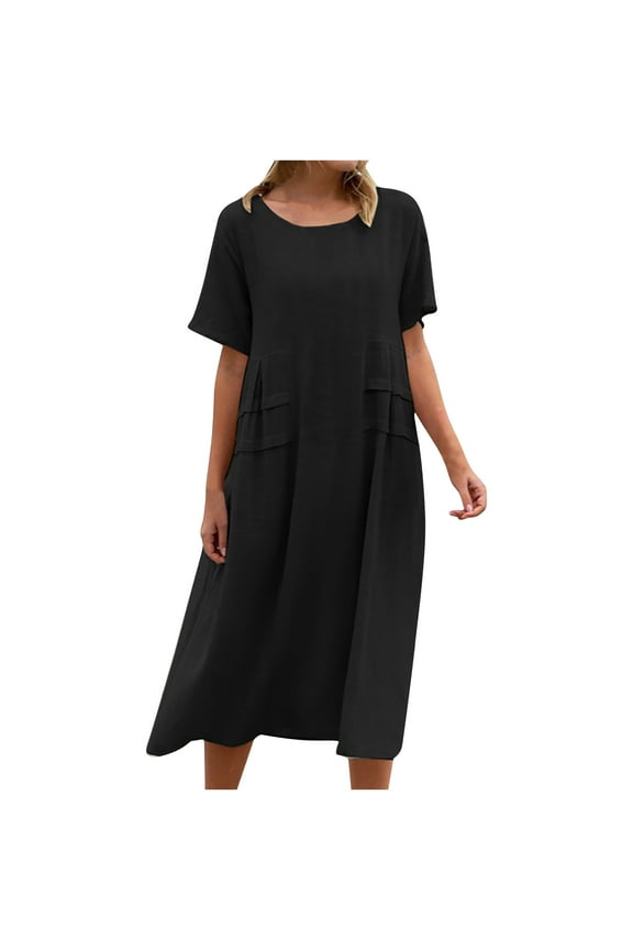 Tshirt Dress for Women 2024 Summer Female Crew Neck Short Sleeve Midi T-Shirt Dress Style D-121 Short Sleeve Dress Ladies Plus Size Summer Dresses , Black XXL