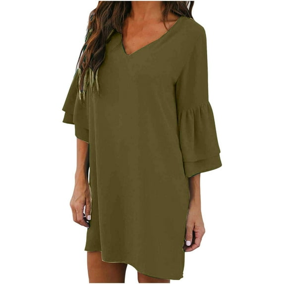 Bigersell Tunic Swing Dress for Women Casual Loose Ruffle Short Sleeve V-Neck Mini Short Dresses Solid Color Evening Party A-Line Summer T-Shirt Dress Beach Sundresses , Army Green XXL