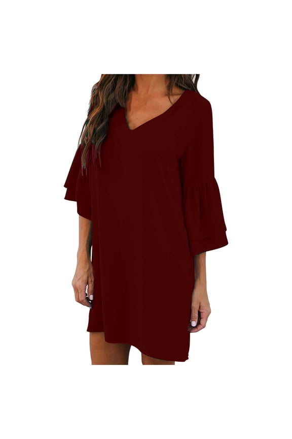 Tunic Swing Dress for Women Casual Loose Ruffle Short Sleeve V-Neck Mini Short Dresses Solid Color Evening Party A-Line Summer T-Shirt Dress Beach Sundresses , Wine M