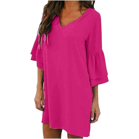 Bigersell Tunic Swing Dress for Women Casual Loose Ruffle Short Sleeve V-Neck Mini Short Dresses Solid Color Evening Party A-Line Summer T-Shirt Dress Beach Sundresses , Hot Pink XL