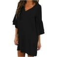 thumbnail image 1 of Bigersell Tunic Swing Dress for Women Casual Loose Ruffle Short Sleeve V-Neck Mini Short Dresses Solid Color Evening Party A-Line Summer T-Shirt Dress Beach Sundresses , Black S, 1 of 5