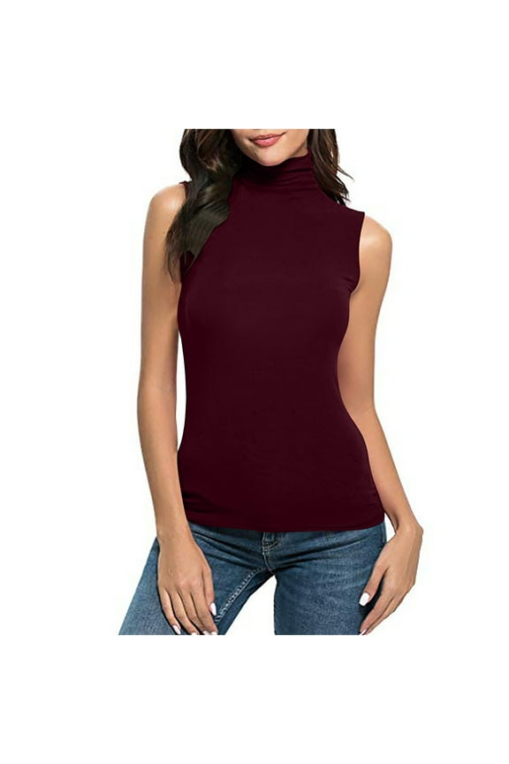 Turtleneck Tank Tops Women Plus Size Casual Summer Sleeveless T-Shirts Solid Color Slim Fitted Stretchy Tee Shirts, T-1, Wine, XXL