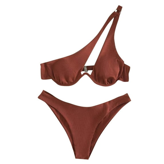Bigersell Underwire Swimsuits for Women - Trendy One Shoulder Bikini Sets - High Cut 2 Piece Bathing Suits - Vacation Two Piece Swimsuits Beach Swimwear Coffee L