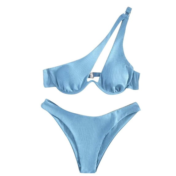 Bigersell Underwire Swimsuits for Women - Trendy One Shoulder Bikini Sets - High Cut 2 Piece Bathing Suits - Vacation Two Piece Swimsuits Beach Swimwear Light Blue M