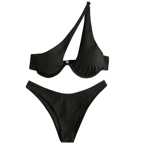 Bigersell Underwire Swimsuits for Women - Trendy One Shoulder Bikini Sets - High Cut 2 Piece Bathing Suits - Vacation Two Piece Swimsuits Beach Swimwear Black L