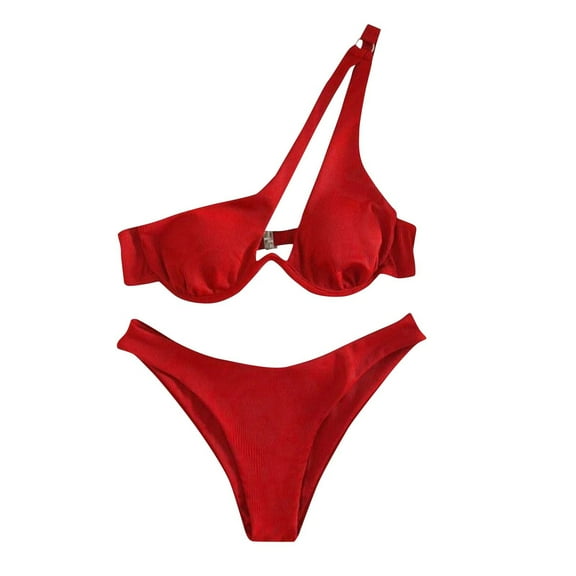 Bigersell Underwire Swimsuits for Women - Trendy One Shoulder Bikini Sets - High Cut 2 Piece Bathing Suits - Vacation Two Piece Swimsuits Beach Swimwear Red L