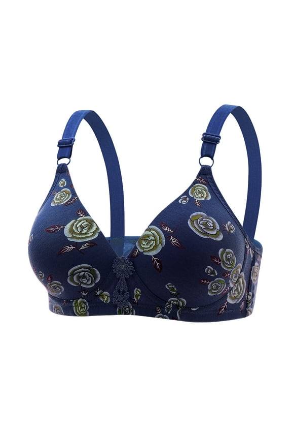 V-Neck Bras for Women No Underwire Ladies Push up Padded Bras Comfort Soft Wireless Bras Floral Print Back Hook and Eye Closure Everyday Bras Underwear S-2-Blue XL