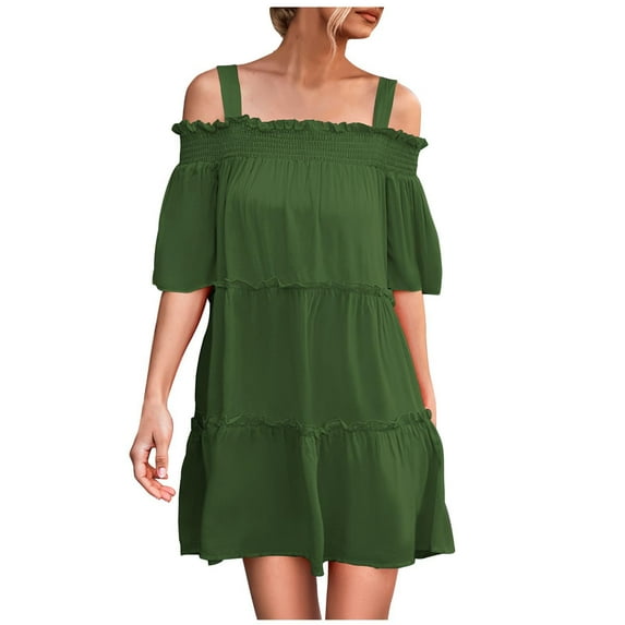 Bigersell Vacation Dresses for Women Beach Women Summer Short Sleeve Dress One Shoulder Solid Casual Knee Length Dress Midi Dresses Female Women's Plus Maxi Dresses, Style 34429, Green S