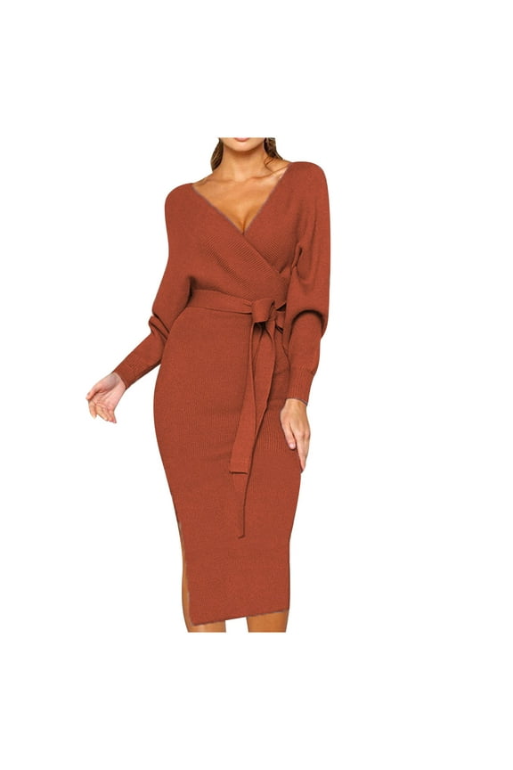 Valentine Dress for Women Summer Female V-Neck Long Sleeve Midi Wrap Dress Style D-66 Club Dresses Ladies Plus Size Summer Dresses , Coffee S