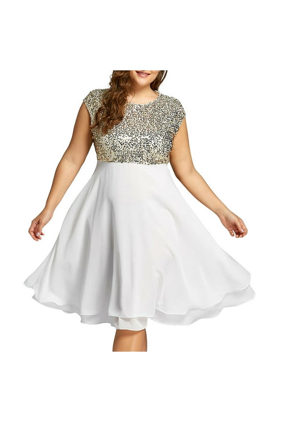 Valentine's Day Dresses Summer Female Crew Neck Short Sleeve Knee Length Sequin Dress Style D-160 Maxi Dresses Plus Size Summer Dresses , White 3XL