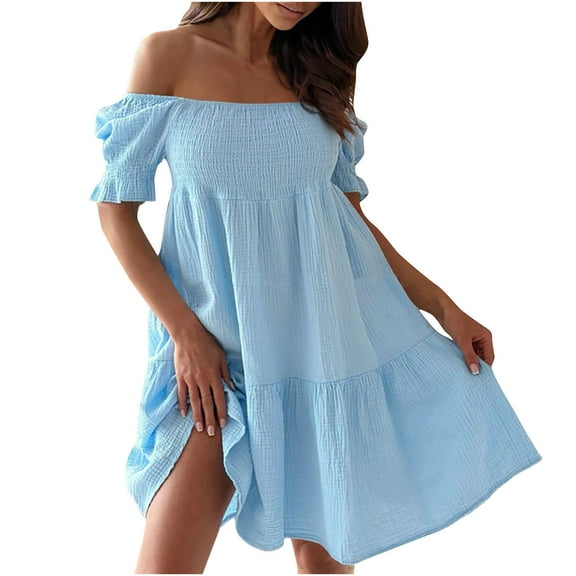 Bigersell Valentines Day Dress Summer Female Off-the-Shoulder Short Sleeve Above Knee Sun Dress Dress Style D-100 Casual Dresses Ladies Regular Summer Dresses , Light Blue S