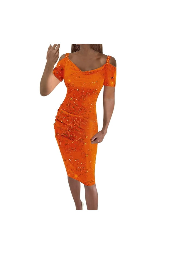 Valentines Day Dress Summer Female V-Neck Short Sleeve Knee Length Night Out Dress Style D-119 Summer Dresses Ladies 2024 Plus Size Summer Dresses , Orange S