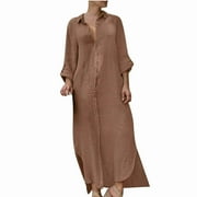 BIGERSELL Valentines Dress for Women Deals Female Button-Donw 3/4 Sleeve Maxi Casual Dress Style D-110 Ladies Formal Gowns and Evening Dresses Plus Size Summer Dresses , Brown S