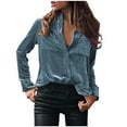 thumbnail image 1 of Bigersell Velvet Blouse Women Long Sleeve Tee Shirts for Women Solid Velvet Blouse Button Down Vintage Winter Velvet Shirts V-Neck Lapel Collar Blouses Velvet Tunic Tops with Pocket G-Light Blue S, 1 of 5