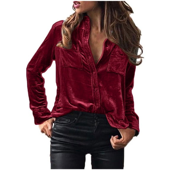 Bigersell Velvet Blouses for Women Long Sleeve Velvet Tops Casual Lapel Collar Button-down Shirts with Pockets V-Neck Velvet Tunic Tops Winter Shirts Fall Jackets Outerwear B-Wine L