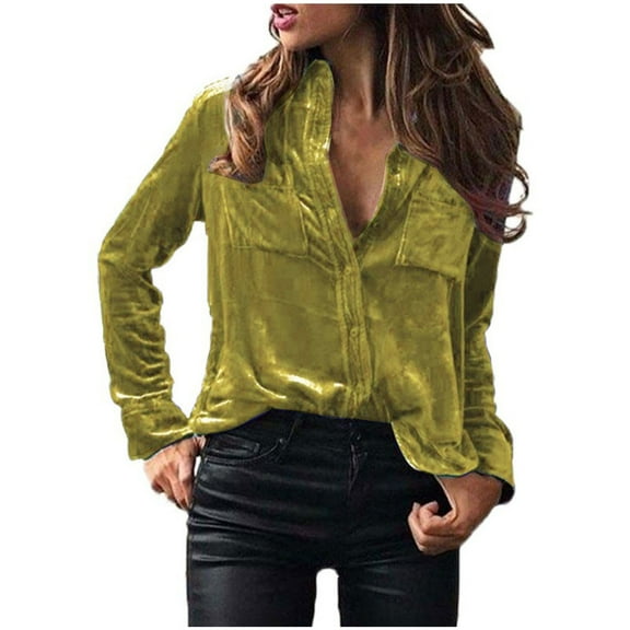 Bigersell Velvet Blouses for Women Long Sleeve Velvet Tops Casual Lapel Collar Button-down Shirts with Pockets V-Neck Velvet Tunic Tops Winter Shirts Fall Jackets Outerwear B-Green XXL
