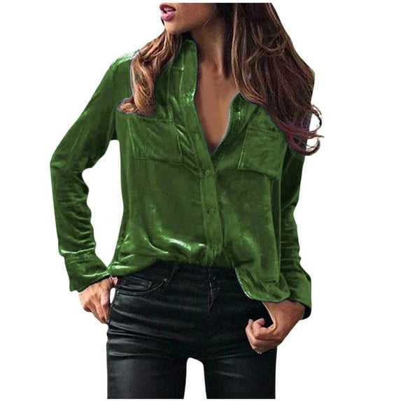 Bigersell Velvet Tops for Women Womens Velvet Button Down Shirts Winter Fall Casual Lapel Collared Long Sleeve Blouses Tops with Pockets Velvet Tops for Women Solid Color Tunic Tops C-Green XXL
