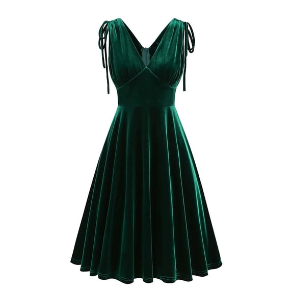 Bigersell Vintage Cocktail Dresses Women Velvet Sleeveless Double Side V-Neck Retro Cocktail Party Mid-Length Dress Solid Color Wedding Guest Pleated A-Line Midi Dresses Green M