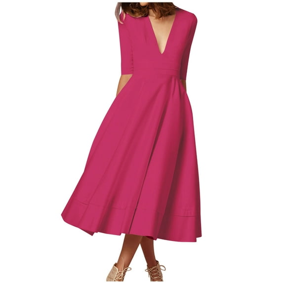 Bigersell Vintage Dress Clearance Female V-Neck Short Sleeve Midi Evening Dress Style D-81 Off the Shoulder Dresses Ladies Plus Size Summer Dresses , Hot Pink S