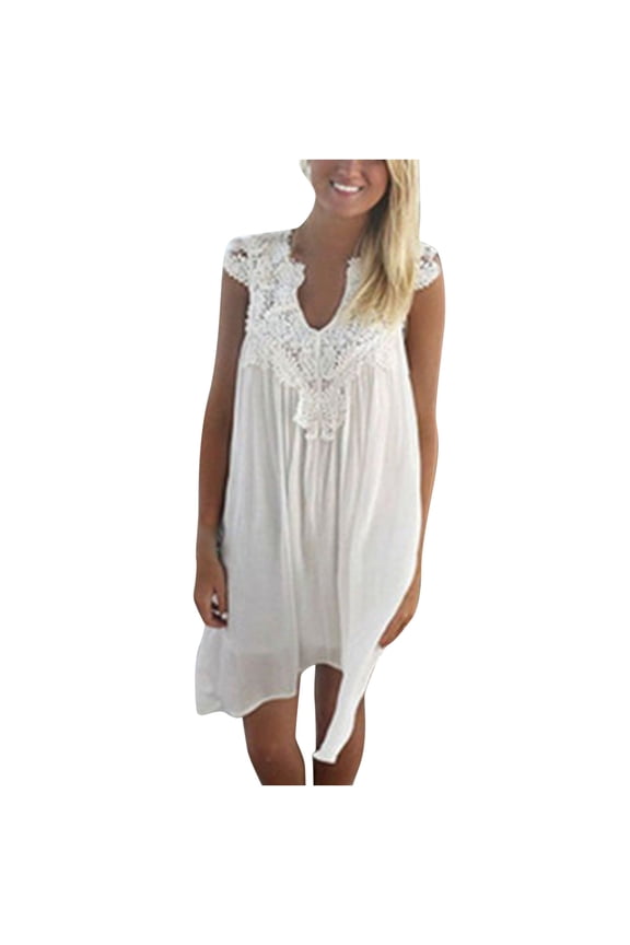 Wedding Dresses Fashion Women Lace Beach Solid V-Neck Sling Sleeveless Casual Dress Women's Plus Sheath Dress Style 33294, Female Above Knee Dresses White S