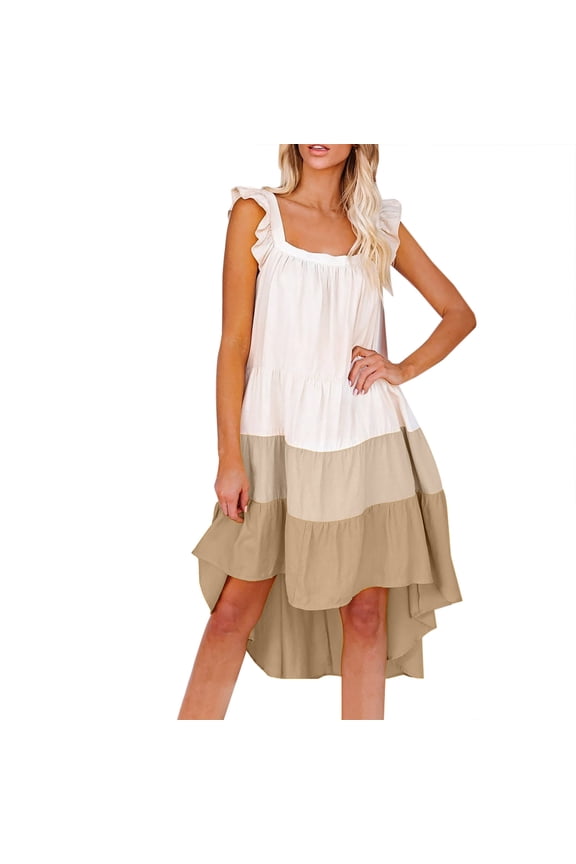 Wedding Dresses for Guest Fashion Women Summer Sleeveless Square Collar Patchwork Casual Ball Gown Dress Big & Tall Sheath Dress Style 25880, Female Mid-Length Dresses Khaki XL