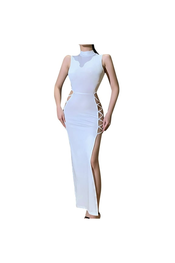 Wedding Dresses Ladies Short Sleeve High-Neck Solid Color Slim High-Slit Lace-Up Vest Dress Vacation Dresses for Female Women Skater Dresses, Style 37272, White L