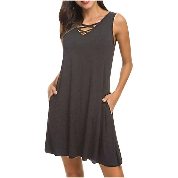 Bigersell Wedding Dresses for Women Ladies Solid Color Cross Strap V-Neck Belt Sleeveless Tank Mini Dress Big & Tall Bodycon Dress Style 43082, Female High Low Dresses Dark Gray M