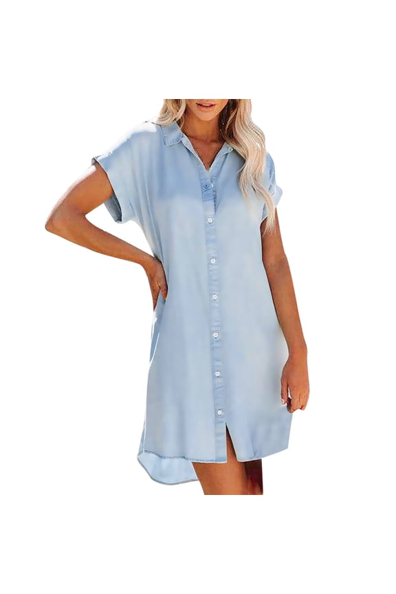 Wedding Guest Dresses for Women Fashion Casual Lapel Solid Color Single-Breasted Short Sleeve Shirt Dress Denim Coat Women's Plus Maxi Dresses, Style 8761, Light blue S