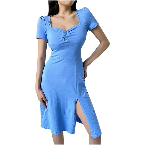 Bigersell Wedding Guest Dresses Women Short Sleeve Summer Casual Soild Color Cute Print V-Neck Knee-Length Dress Female Dresses Casual Women's Plus Maxi Dresses, Style 7393, Blue S