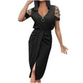 thumbnail image 1 of Bigersell Western Dress for Women Solid Color V Neck Off the Shoulder Short Sleeve Slit Dress Casual Dress Regular Bodycon Dresses, Style 23672, Black L, 1 of 5