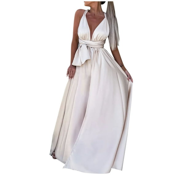 Bigersell Western Dress for Women Summer Female One Shoulder Sleeveless Maxi Wedding Guest Dress Style D-104 Wedding Guest Dress Regular Summer Dresses , Beige L