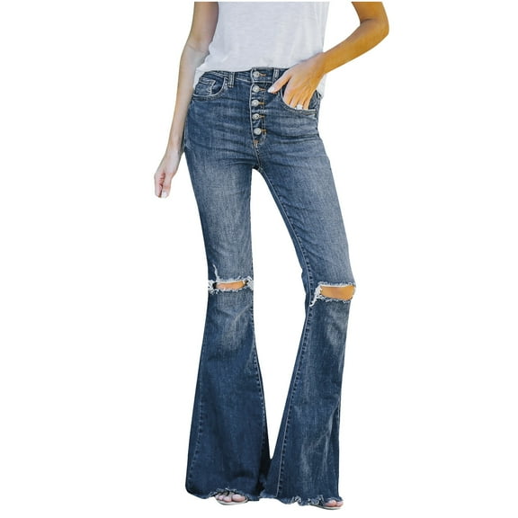 Bigersell Wide Leg Jeans Wide Leg Jeans Summer Straight Leg Jeans Ladies Straight-Leg Denim Pants Button Closure Light Wash Ripped Straight Leg Jeans Loose Mid Waist Long Pants Style J-32 Blue XL