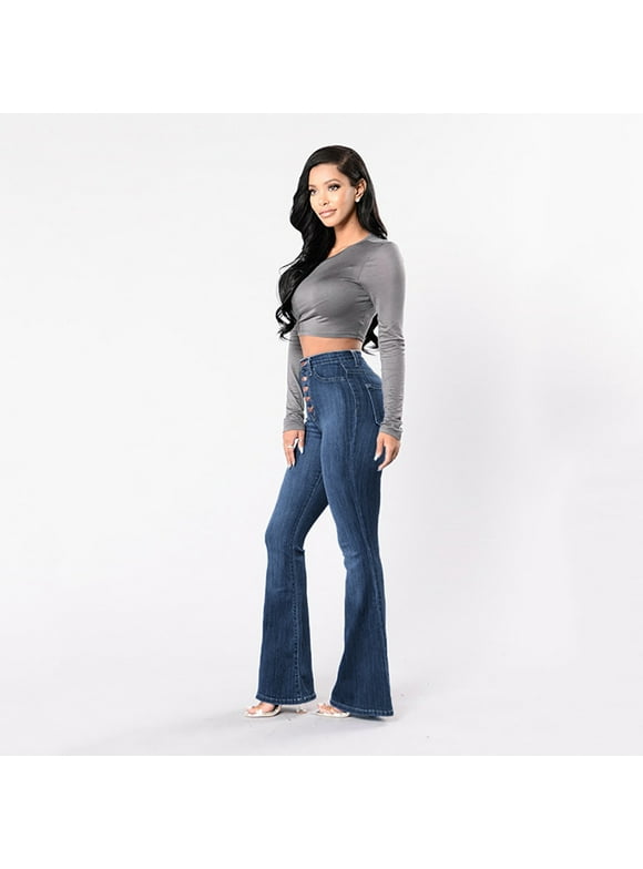 Bigersell Wide Leg Jeans for Women Boyfriend Jeans Discount Flare Jeans Taper Denim Pants Button Closure Medium Wash Ripped Cute Jeans Straight Mid Waist Long Pants Style J-216 Navy XL