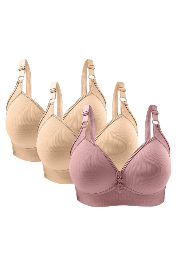 Wireless Bra Discouts 3pc Woman's Solid Color Daily Bra Without Underwire Gathering Bras Underwire Bra Style F-1122 Beige 40/90