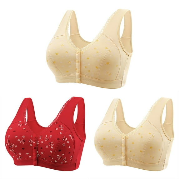 Bigersell Wireless Bra New 3pc Women Front Buckle for Senior Elder Women Underwear Soft Cotton Oversized Tank Tops Without Underwire Printed Bra Full-Figure Bra Style F-13 Red 7XL