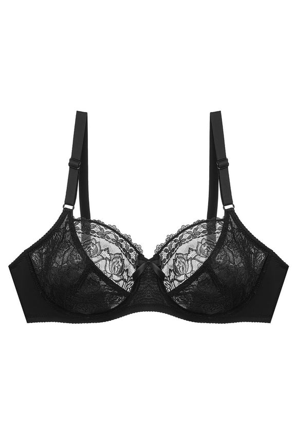 Wireless Bras Trendy Women's Solid Color Lace Underwire Oversized Gathering Underwear Daily Bra Plus Size Bra Style F-1046 Black L